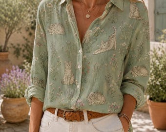 Puede incluir: Una camisa de manga larga de color verde claro con botones y un estampado repetitivo de gatos y flores silvestres. La camisa tiene un cuello clásico, botones blancos en la parte delantera y está metida en un pantalón blanco con cinturón trenzado.