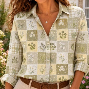 Pode incluir: Uma camisa de manga comprida com botões, apresentando um design de patchwork com quadrados alternados em tons de verde sálvia, creme e amarelo pálido. Cada quadrado exibe uma estampa botânica única de várias flores silvestres, ramos e padrões xadrez.