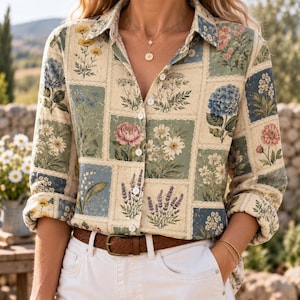 May include: A long-sleeved button-down shirt featuring a grid pattern of various botanical illustrations including blue hydrangeas, pink peonies, and lavender sprigs on a cream background, paired with a brown leather belt and white trousers.
