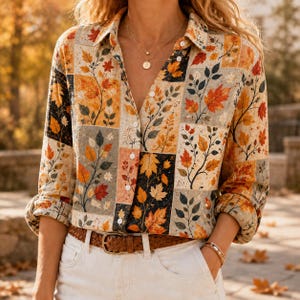 May include: A long-sleeve button-down shirt featuring a patchwork pattern of autumn leaves in shades of orange, yellow, brown, and grey. The shirt has a classic collar, white buttons, and is tucked into white pants with a brown leather belt.