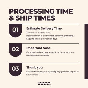 Puede incluir: Un gr&aacute;fico informativo con fondo crema y texto marr&oacute;n oscuro titulado PROCESSING TIME & SHIP TIMES. Contiene tres secciones numeradas: 01 Estimate Delivery Time, 02 Important Note y 03 Thank you, con instrucciones sobre producci&oacute;n, env&iacute;o y comunicaci&oacute;n con el cliente.