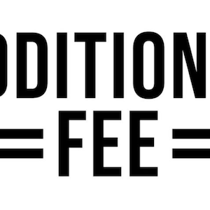 May include: A graphic with the words "ADDITIONAL FEE" in bold, black, sans-serif font. The word "FEE" is centered and underlined with two horizontal black lines. The background is plain white.