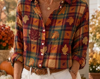 Blusa a cuadros de otoño, camisa con estampado de hoja de arce de otoño, top cómodo de manga larga, conjunto de Acción de Gracias para mujer