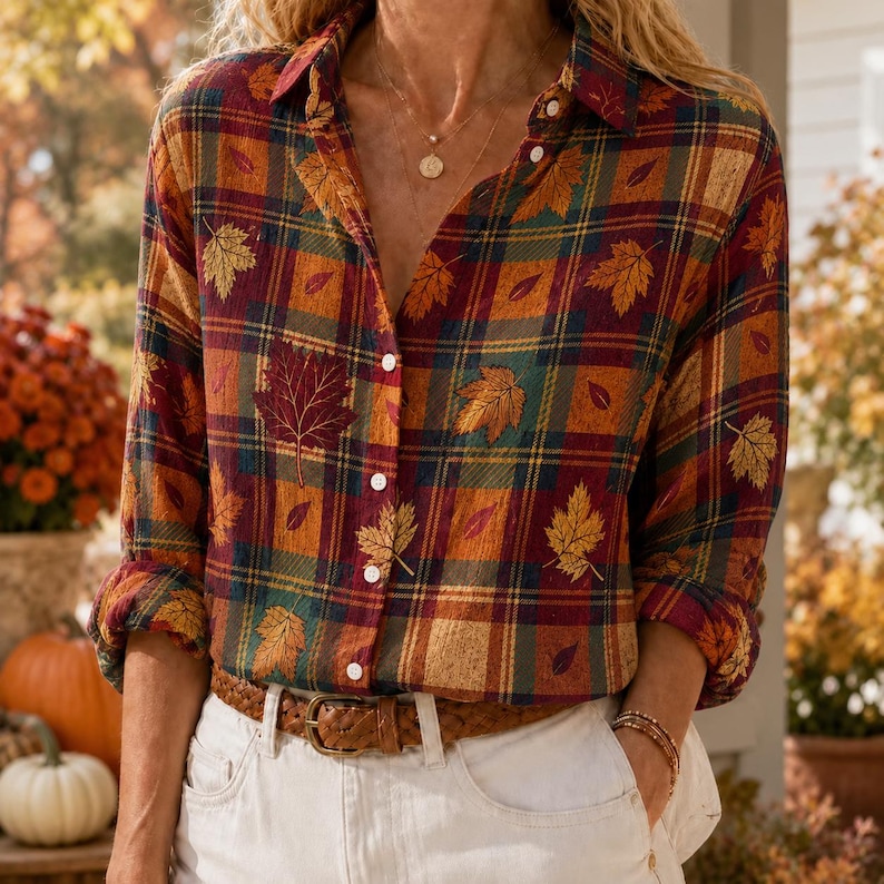 Puede incluir: Una camisa de manga larga con botones, estampado de cuadros en tonos naranja, amarillo, verde y marr&oacute;n, y un dise&ntilde;o de hojas de oto&ntilde;o. La camisa se lleva metida por dentro de un pantal&oacute;n blanco con un cintur&oacute;n de cuero marr&oacute;n.