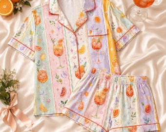Aperol Spritz Pajama Set, Cocktail Satin Pajamas, Italian Summer PJs, Citrus Drink Sleepwear, Long Pants or Shorts