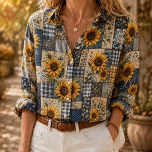 May include: A long-sleeved button-down shirt featuring a patchwork pattern of yellow sunflowers, blue and white plaid, and small floral prints. The shirt has a classic collar, a front button placket, and is tucked into white trousers with a brown belt.