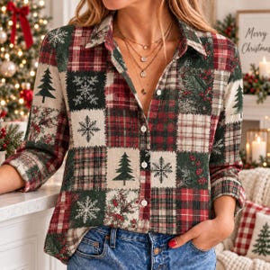 May include: A long-sleeved button-down shirt featuring a patchwork pattern of red and green plaid, white snowflakes, green pine trees, and holly berry sprigs. The shirt has a classic collar and white buttons down the front placket.