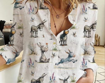 Blusa floral con estampado de burro / Camisa estilo cottagecore con estampado de burro / Top rústico con estampado de animales de granja / Regalo para amantes de los burros para mujeres