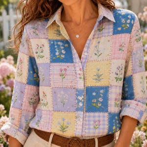 Pode incluir: Uma camisa de manga comprida com botões, apresentando um design de patchwork com vários padrões florais em tons pastel de azul, amarelo, rosa e branco. A camisa tem um colarinho clássico, uma carcela frontal com botões e punhos.