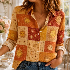 Celestial Sun Moon Blouse, Boho Patchwork Button Down Shirt, Vintage Astrology Top, Casual V-Neck Long Sleeve Shirt