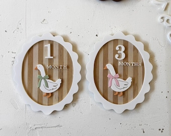 Goose Baby Milestone Cards | Monthly Milestone Discs | Wooden Baby Photo Props | Neutral Nursery Gift