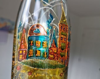 Artisan hand painted glass bottle with lights, night light, fairly lights bottle, painted glass art