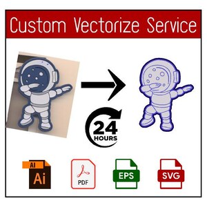 May include: A blue and white illustration of a cartoon astronaut in a diving pose. The image is a before and after example of a custom vectorization service. The service offers 24-hour turnaround time and includes file formats AI, PDF, EPS, and SVG.