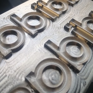 Peut inclure: Gros plan sur une surface métallique avec une série de lettres en relief, chacune avec une forme circulaire au centre. Les lettres sont disposées en diagonale, créant un motif texturé et abstrait.