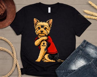 Maglietta con Yorkshire Terrier tatuato, maglietta "I Love Mom" con Yorkshire Terrier, regalo per amanti dei cani