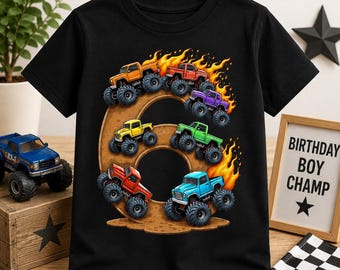 Maglietta Monster Truck per il sesto compleanno per bambini, maglietta di compleanno a tema pista sterrata, maglietta per la festa di compleanno con Monster Truck, maglietta grafica da corsa per bambini