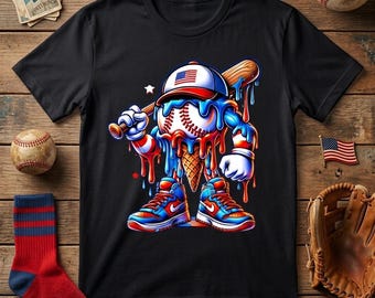 Immagine PNG di una goccia di gelato a tema baseball per il 4 luglio, design patriottico USA (download digitale)