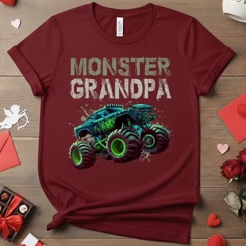 May include: A maroon t-shirt featuring the text "MONSTER GRANDPA" in distressed white lettering. Below the text is a graphic of a monster truck in shades of blue and green, with large tires. The shirt is made of a soft material.