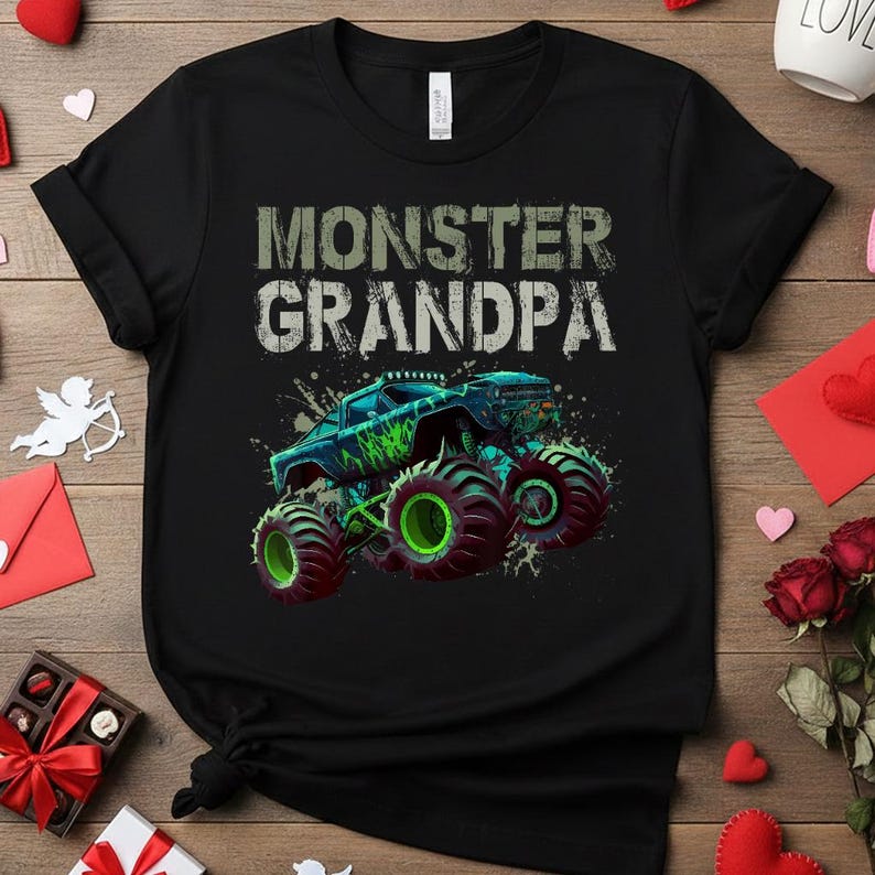May include: Black t-shirt featuring a graphic of a monster truck with green and blue accents, and the text "MONSTER GRANDPA" in distressed white lettering. The truck has large tires with green rims.