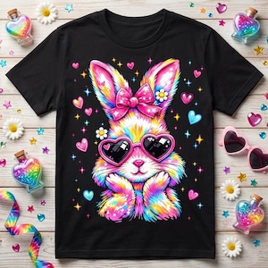 May include: Black t-shirt featuring a colorful cartoon rabbit wearing heart-shaped sunglasses and a pink bow. The rabbit is surrounded by hearts and stars. A fun and vibrant design for Easter or everyday wear.