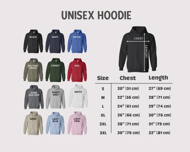 May include: Image of a unisex hoodie in various colors, including black, navy, and red. The image includes a size chart with chest and length measurements in inches and centimeters. The text "UNISEX HOODIE" is at the top.