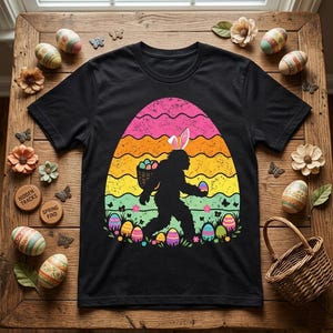 May include: Black t-shirt featuring a Bigfoot silhouette wearing bunny ears and carrying a basket of eggs. The design includes a colorful egg-shaped background with Easter eggs and flowers. The shirt is displayed on a wooden surface with Easter decorations.