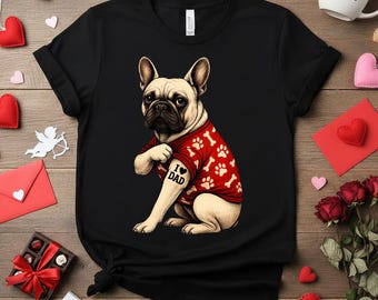 Rolig fransk bulldogg pappa-tröja, jag älskar pappa-tatuering Frenchie-t-shirt, Frenchie-gåva för fars dag, cool hundpappa-födelsedagspresent, Frenchie-konst