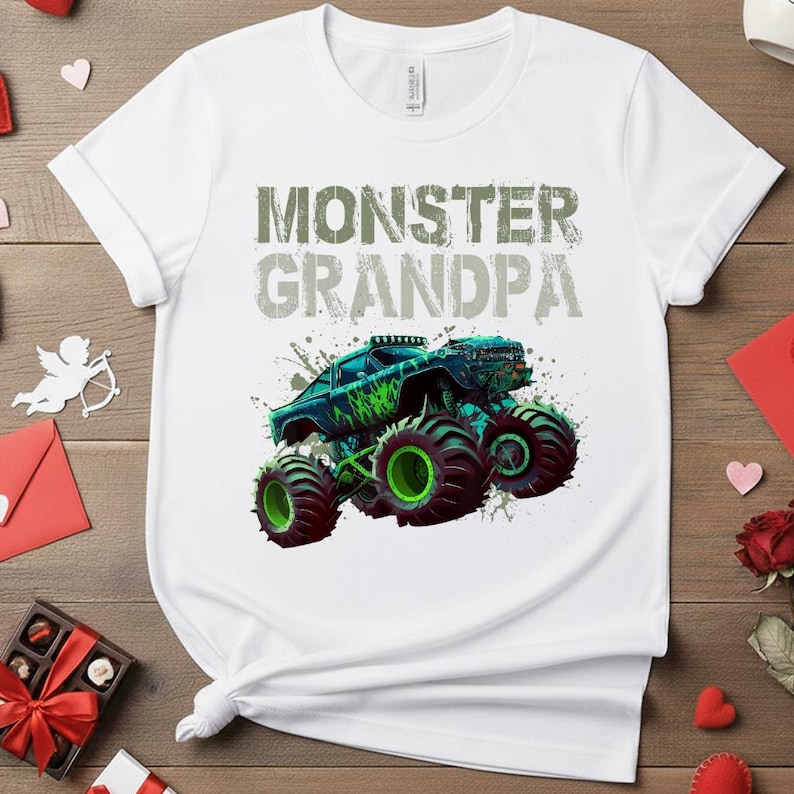 May include: White t-shirt with the text "MONSTER GRANDPA" in distressed green and gray lettering. A graphic of a monster truck in shades of blue and green is featured below the text.