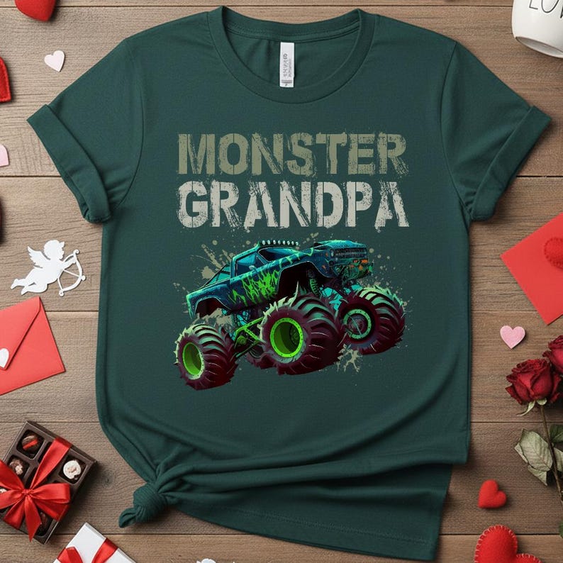 May include: Dark green t-shirt with the words "MONSTER GRANDPA" in white block letters. Below the text is a graphic of a monster truck in shades of blue and green, with large tires.