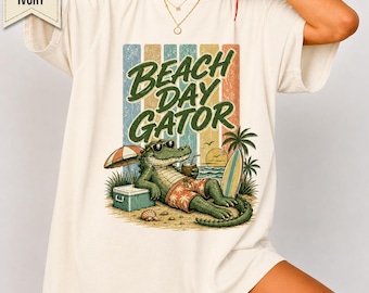Maglietta Beach Day Gator Comfort Colors®, maglietta divertente con alligatore, maglietta vintage con grafica da spiaggia, maglietta per le vacanze estive, maglietta costiera