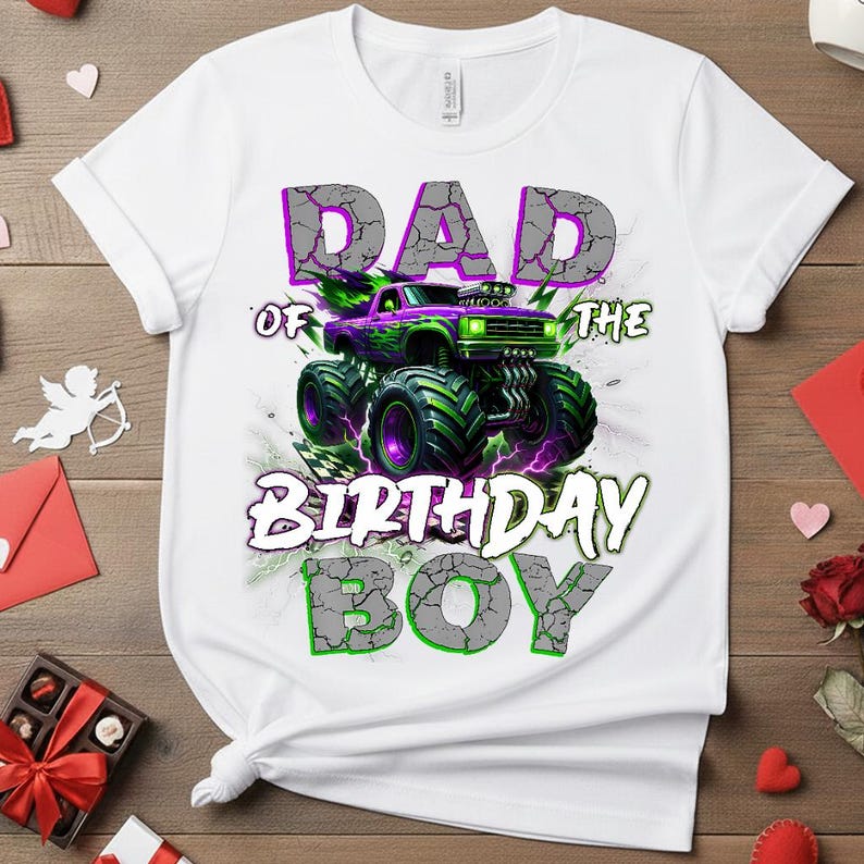 May include: White t-shirt with a graphic of a purple and green monster truck. The text "DAD of THE BIRTHDAY BOY" is printed above and below the truck in a cracked stone font. The shirt is made of a soft material.
