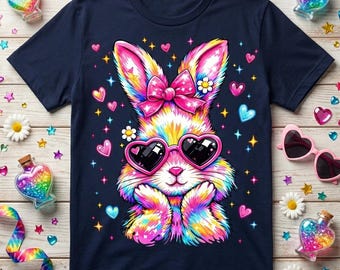 Coquette Tie Dye Easter Bunny Shirt, Colorful Heart Sunglasses Rabbit Tee