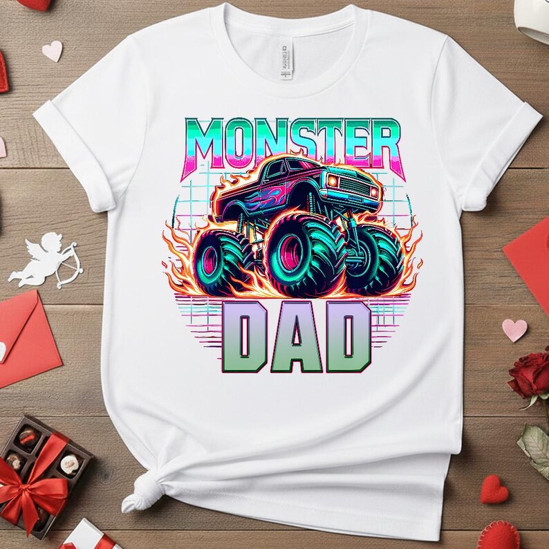 Peut inclure: T-shirt blanc avec un motif color&eacute; d'un monster truck et le texte "MONSTER DAD". Le design comprend des flammes et un fond quadrill&eacute;, id&eacute;al pour la f&ecirc;te des p&egrave;res ou toute autre occasion.