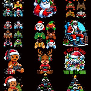 May include: A black background featuring festive gaming illustrations. Santa Claus, gingerbread people, and reindeer are shown wearing headphones and holding game controllers. Game controllers are also arranged in the shape of Christmas trees. The text "HE SEES YOU WHEN YOU'RE GAMING" is also present.