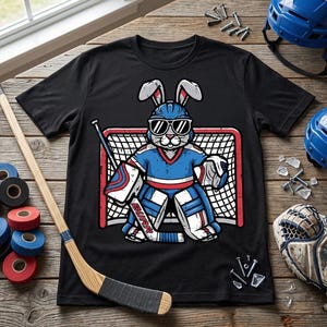 Puede incluir: Camiseta negra con un portero de dibujos animados con gafas de sol y equipo de hockey. El conejo está frente a una red de hockey, sosteniendo un palo y un disco. Equipo de hockey y rollos de cinta adhesiva.