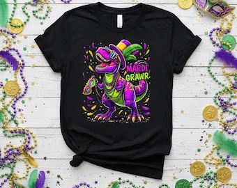 Mardi Grawr T-Rex PNG, design per bambini di dinosauri per il Mardi Gras, file di sublimazione divertente per il carnevale dei dinosauri