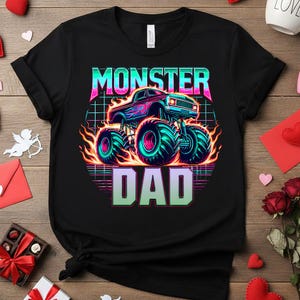 Peut inclure: T-shirt noir avec un motif de camion monstre aux couleurs n&eacute;on et l'inscription "MONSTER DAD". Le design comprend des flammes et de gros pneus, sur fond de grille.