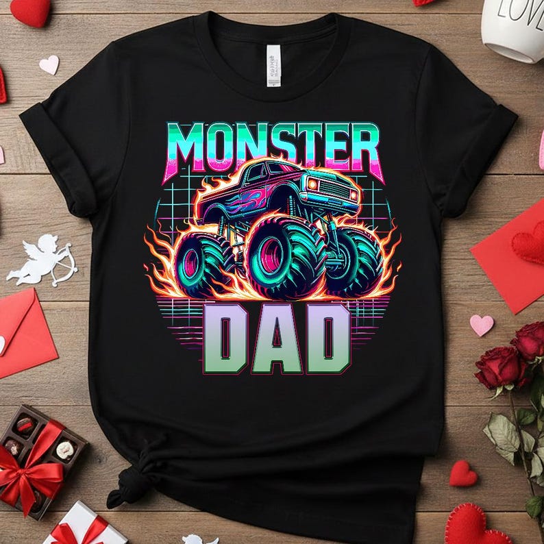 Peut inclure: T-shirt noir avec un motif de camion monstre aux couleurs n&eacute;on et l'inscription "MONSTER DAD". Le design comprend des flammes et de gros pneus, sur fond de grille.