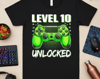 Maglietta di compleanno per giocatori sbloccati di livello 10, maglietta da gioco per bambini