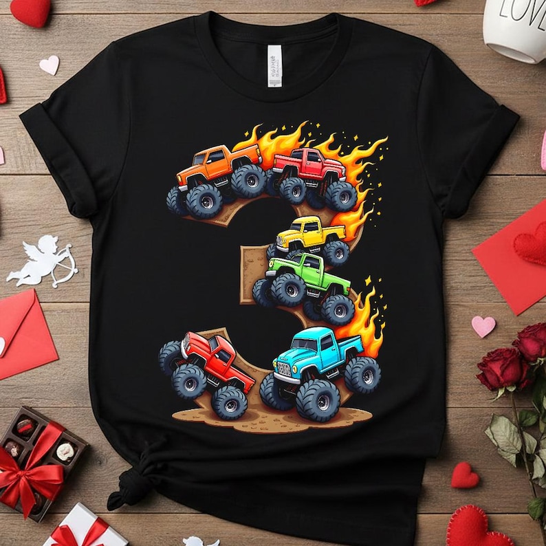 May include: Black t-shirt featuring a colorful graphic of monster trucks arranged in the shape of the number three. The trucks are in orange, red, yellow, green, and blue, with flames and large tires.