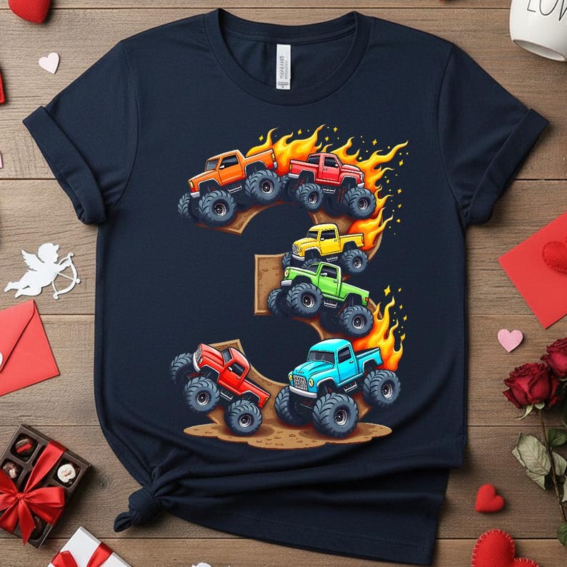 May include: Navy blue t-shirt featuring a colorful graphic of monster trucks in orange, red, yellow, green, and blue, with flames and the number 3. The design is centered on the front of the shirt.