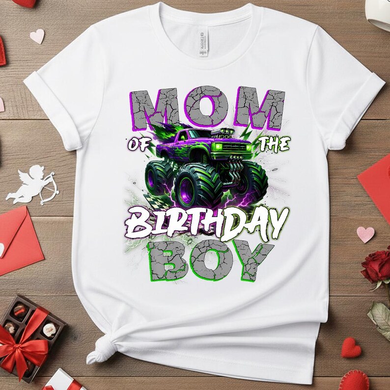 May include: White t-shirt featuring a graphic of a monster truck with the text "MOM of the BIRTHDAY BOY". The monster truck is purple and green with large tires. The text is in gray and green.