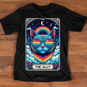 Lustige Verbündete Katze Tarot Karte Stolz Sonnenbrille Gay Pride LGBTQ Shirt, LGBTQ Shirt, Gay Pride Shirt, Regenbogenfahne Shirt, LGBT Shirt für die Unterstützung