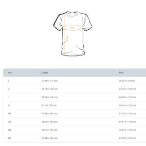 May include: A white t-shirt outline with length and bust measurements. The size chart shows measurements in inches and centimeters for sizes S through 5XL. Length measurements range from 27.95 inches (71 cm) to 35.04 inches (89 cm).