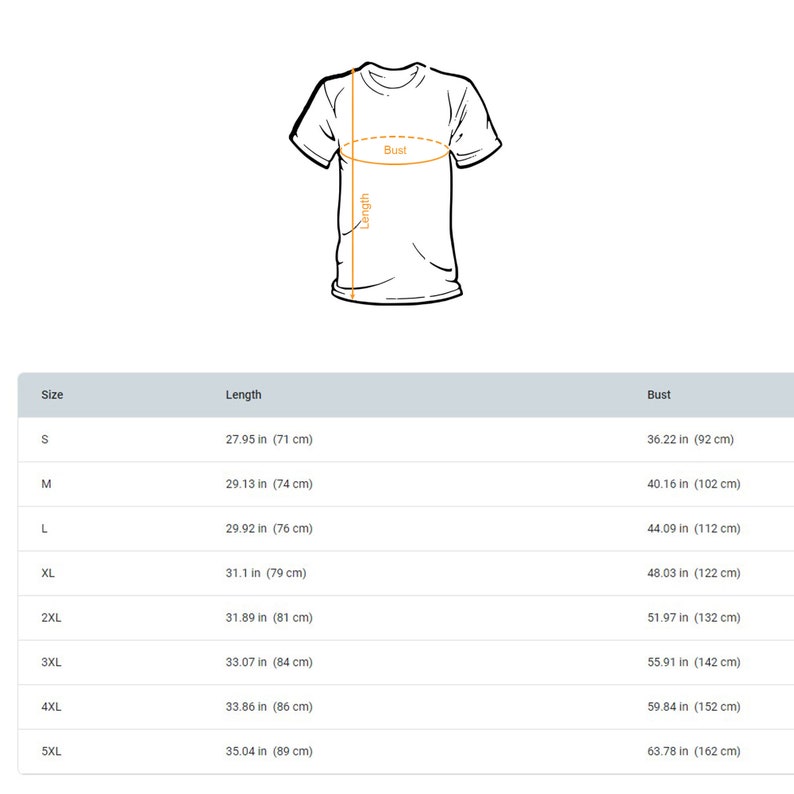 May include: A white t-shirt outline with length and bust measurements. The size chart shows measurements in inches and centimeters for sizes S through 5XL. Length measurements range from 27.95 inches (71 cm) to 35.04 inches (89 cm).