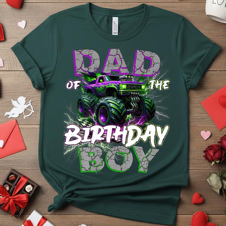 May include: Dark green t-shirt with a graphic featuring a monster truck design. The text reads "DAD OF THE BIRTHDAY BOY" in a cracked, distressed font, with purple and green accents. The monster truck is purple and green.