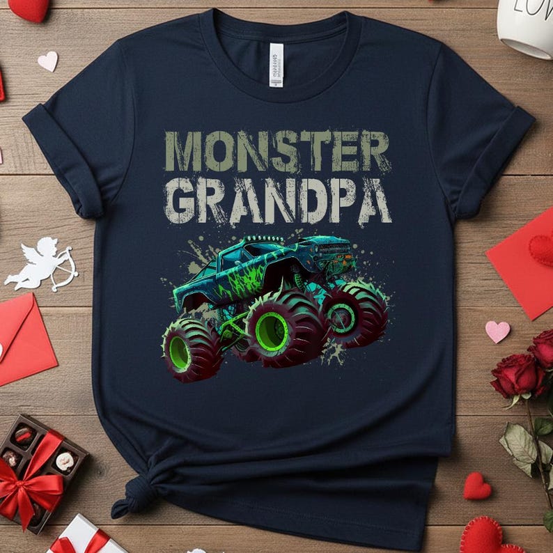 May include: Navy blue t-shirt with the words "MONSTER GRANDPA" in distressed white and gray lettering. A graphic of a monster truck with green and black accents is featured below the text.
