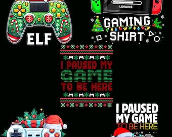 May include: A collection of Christmas-themed gaming designs on a black background. Designs include a controller with an elf hat, a console with "Christmas" text, and controllers with Santa hats. Text includes "The Gamer Elf" and "I Paused My Game To Be Here."