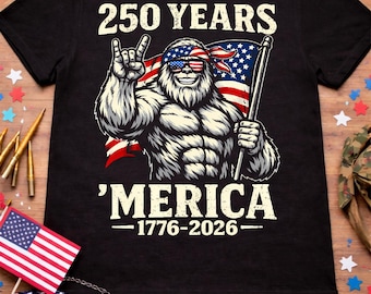 Maglietta "250 Years 'Merica 1776-2026", maglietta patriottica per il 250° anniversario degli Stati Uniti, divertente maglietta americana con Sasquatch e Bigfoot per il 4 luglio, giorno dell'indipendenza.