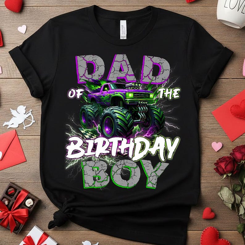 May include: Black t-shirt with a graphic of a monster truck in purple and green, with the text "DAD OF THE BIRTHDAY BOY" in a distressed font. The design includes lightning bolts and a checkered flag.